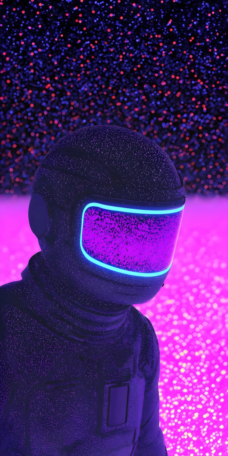 Download this striking astronaut 4K wallpaper for your iPhone today. This wallpaper features a spaceman with a glowing blue visor standing amidst a field of pink and purple bokeh.