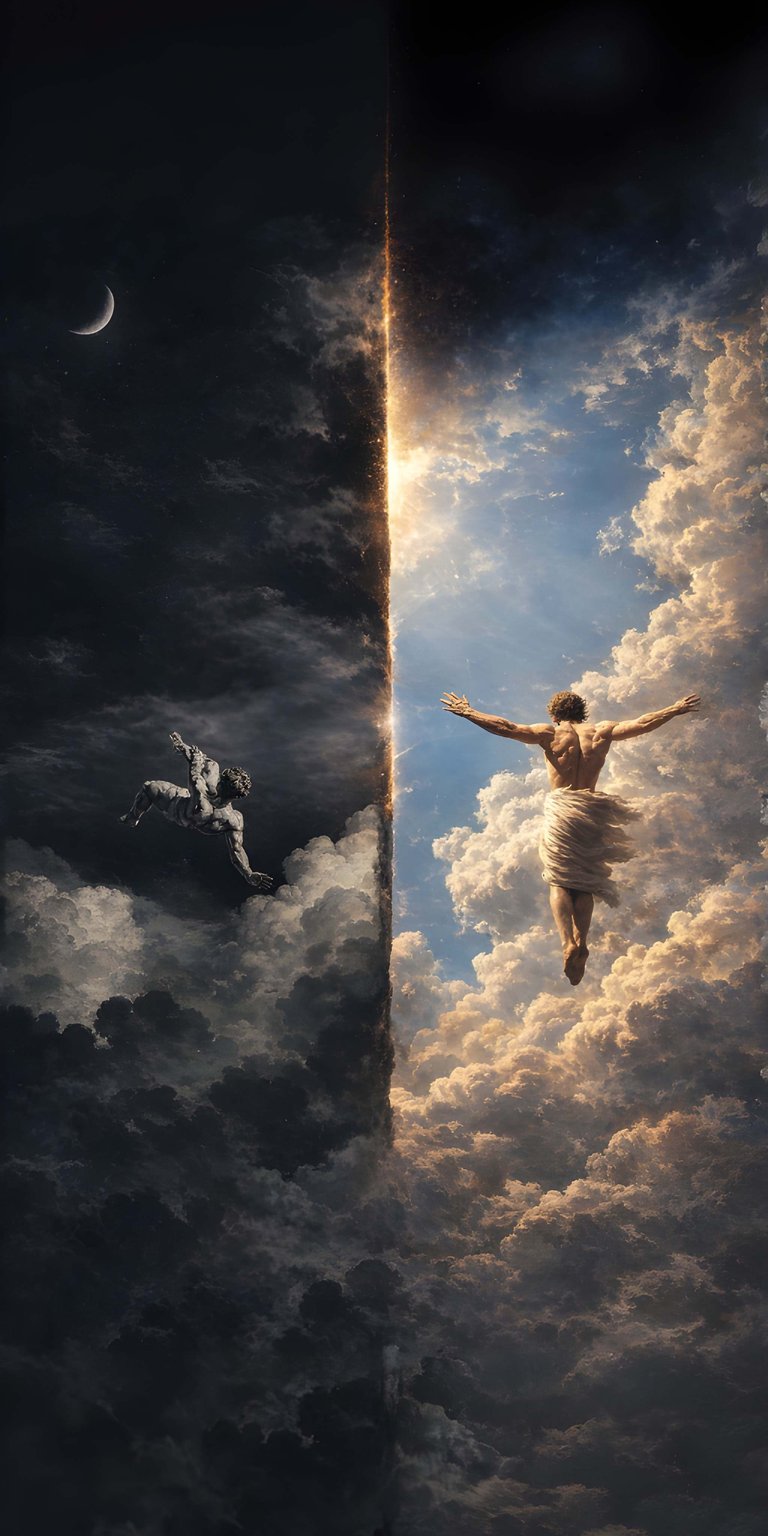 Heaven Ascension 4K wallpaper showing a figure rising through a glowing vertical light in the sky. This aesthetic wallpaper highlights dark clouds, golden illumination, and celestial atmosphere for iPhone.