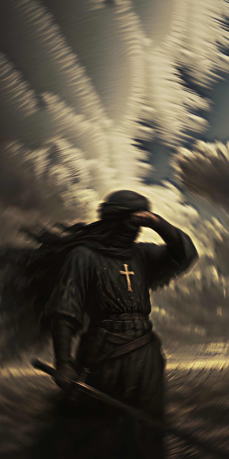 Download this incredible Crusader Knight 4K wallpaper for your iPhone, showcasing the hooded knight with a golden cross. The stunning wallpaper features a unique blurred background with streaks of light emanating from the sky.