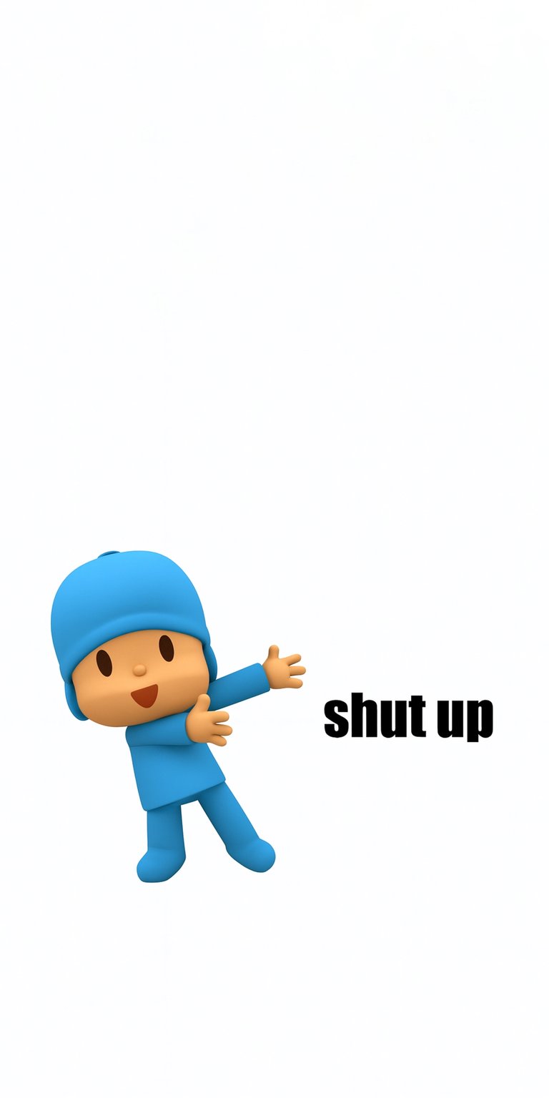 Get this funny Pocoyo 4K wallpaper for your iPhone, featuring a blue cartoon character with an outstretched arm. The wallpaper also has the phrase "shut up" in bold black text.