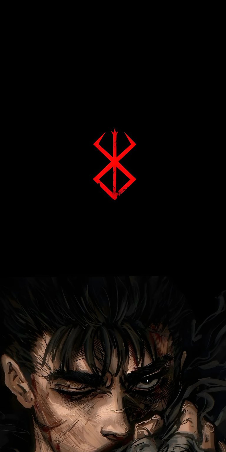Download this stunning Guts wallpaper in 4K resolution for your iPhone, showcasing his iconic brand. Observe the scars across his face and the intense detail in his dark, flowing hair in this amazing wallpaper.