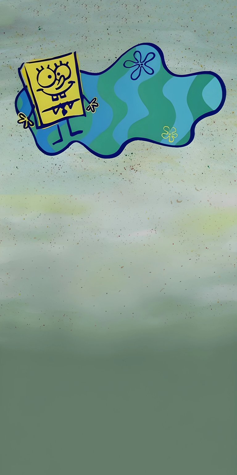 Bring some Bikini Bottom joy to your screen with this unique SpongeBob SquarePants wallpaper. Featuring a playful SpongeBob waving from a blue abstract portal, this minimalist design uses soft green tones and a "hand-drawn" art style for a clean and nostalgic look.