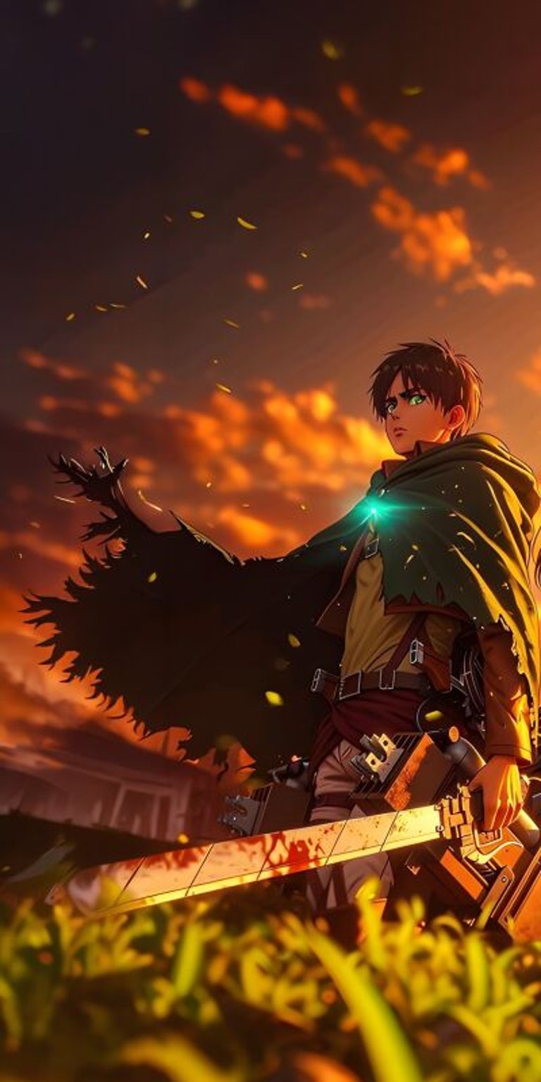 Enhance your iPhone screen with this stunning 4K wallpaper featuring Eren and Mikasa with a view of orange sky. This matching wallpaper also showcases leaves falling in the wind and a sword, perfect for two people who want to share a connection through their devices.