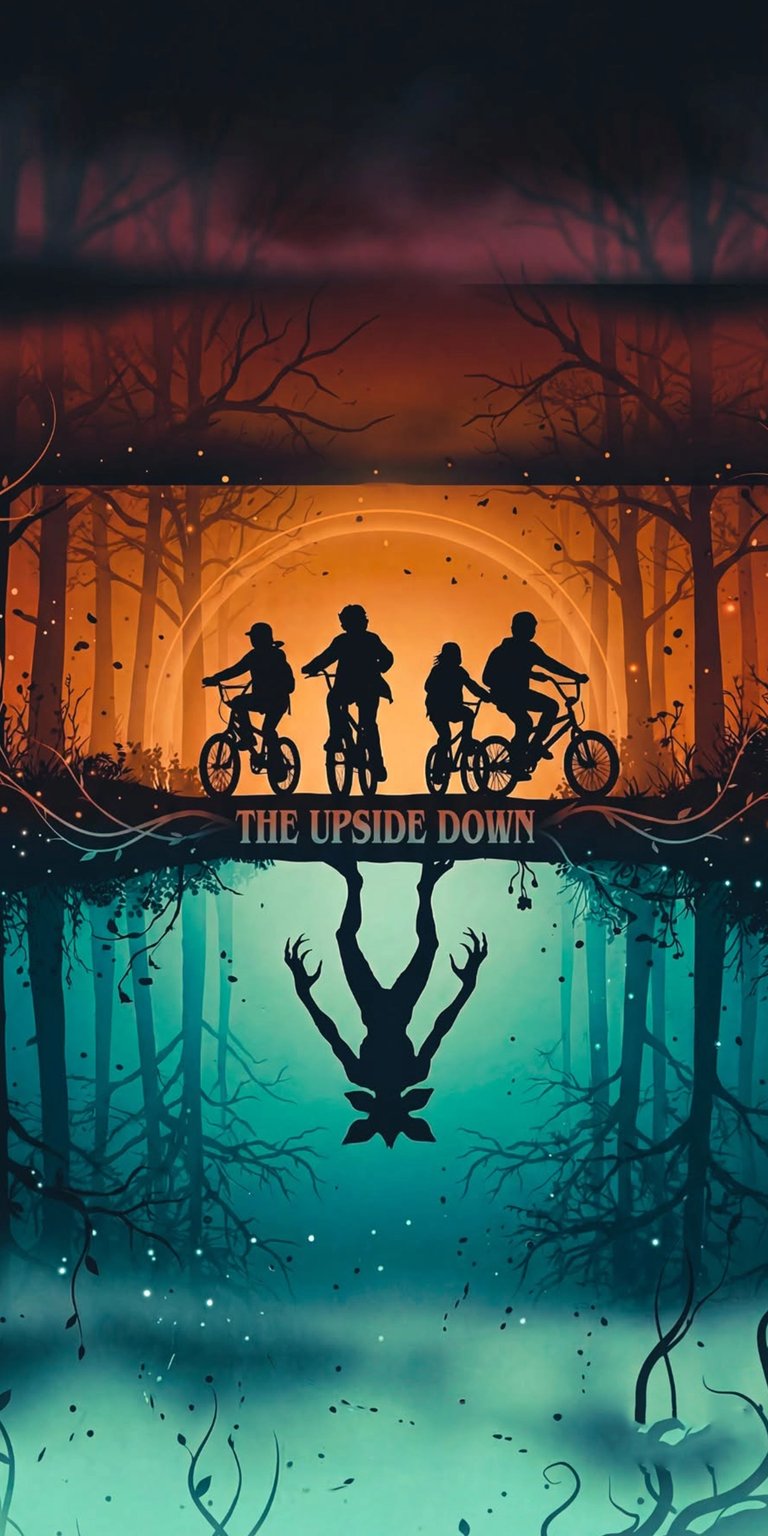 Download this Stranger Things 4K wallpaper for your iPhone, showcasing a quartet of friends riding bikes into the sunset as the Demogorgon lurks below. The Upside Down comes to life in this vibrant wallpaper.