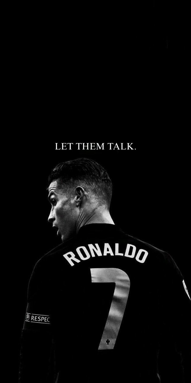 This high-contrast Cristiano Ronaldo 4K wallpaper features a powerful "Let Them Talk" quote against a deep black background. Perfect for iPhone users, this addition to our OLED wallpapers collection highlights sharp monochrome lighting and iconic jersey details.