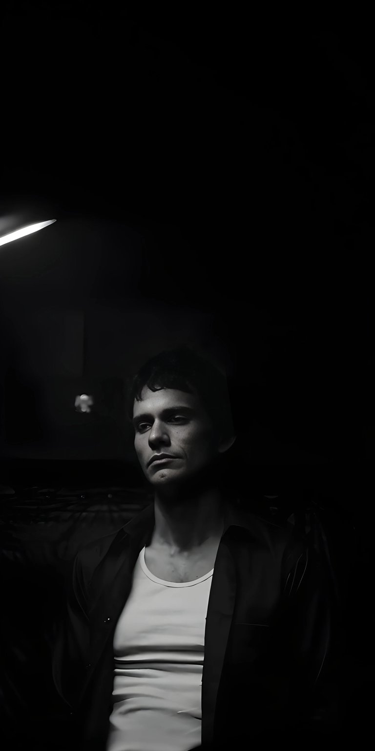 Enjoy this black and white Brian Moser wallpaper in 4K for your iPhone. The image features a white t-shirt under a black jacket, with a spotlight shining above him in a darkened room.