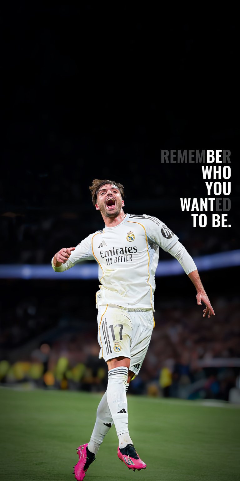 A triumphant and emotional wallpaper featuring Real Madrid’s Brahim Díaz in the classic white "Los Blancos" kit. He is captured in a moment of celebration or reflection with the powerful quote "Remember Who You Wanted To Be" floating in the background. It is a high-quality edit that celebrates the prestige and ambition of Real Madrid.