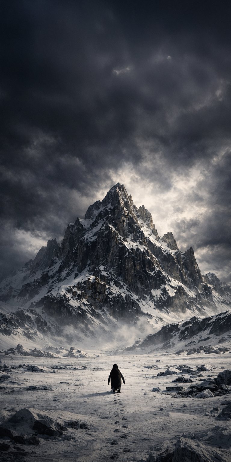 Nihilist penguin 4K wallpaper showing a penguin in a dark, dramatic mountain landscape. This iPhone wallpaper uses high contrast and moody clouds to create a striking visual.
