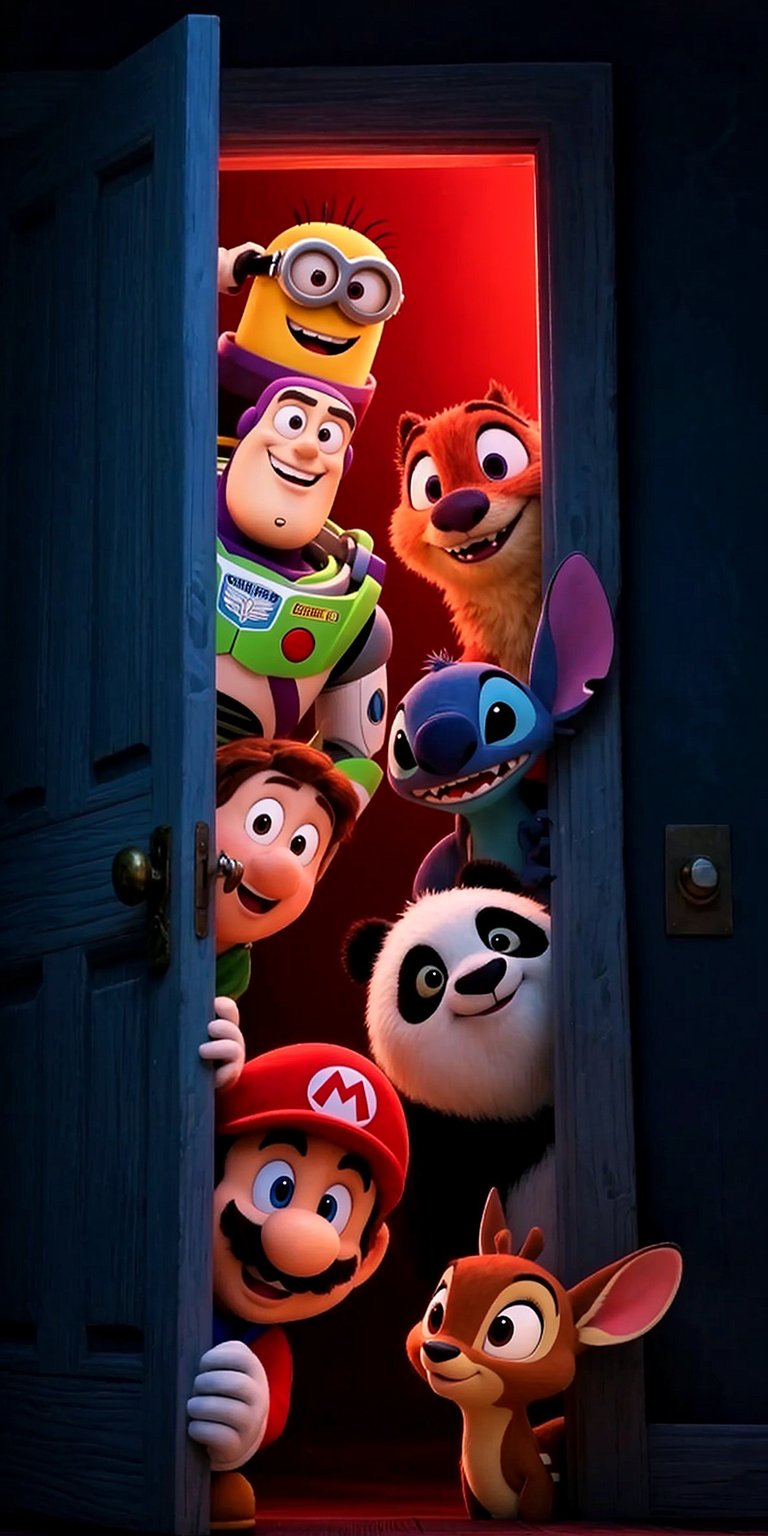 Cartoon characters watching through door wallpaper iOS