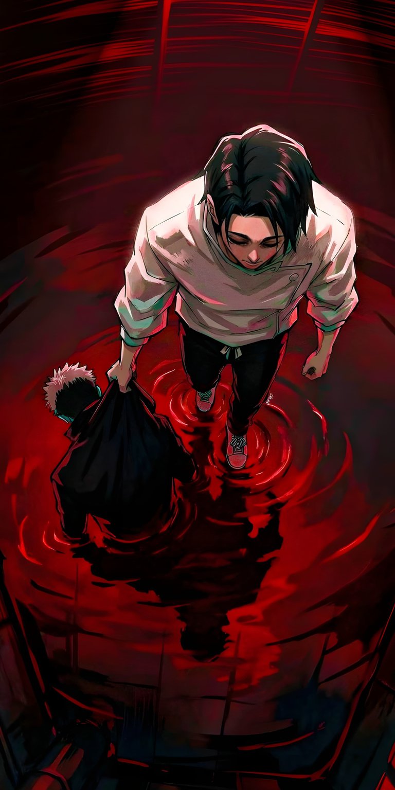 Get this stunning Yuta Okkotsu 4K wallpaper for your iPhone, showcasing him holding Gojo in a bag amidst a vivid red scene. This unique wallpaper captures the eerie atmosphere with its dark shadows and blood-like liquid pooling beneath his feet.