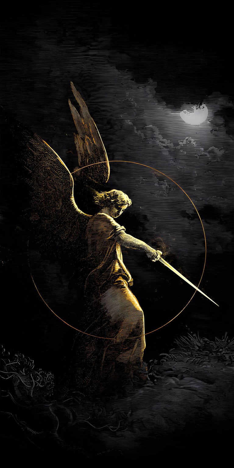 Download this incredible angel wallpaper in 4K for your iPhone; notice the angel's sword and detailed wings. This iPhone wallpaper also shows a golden circle above the angel.