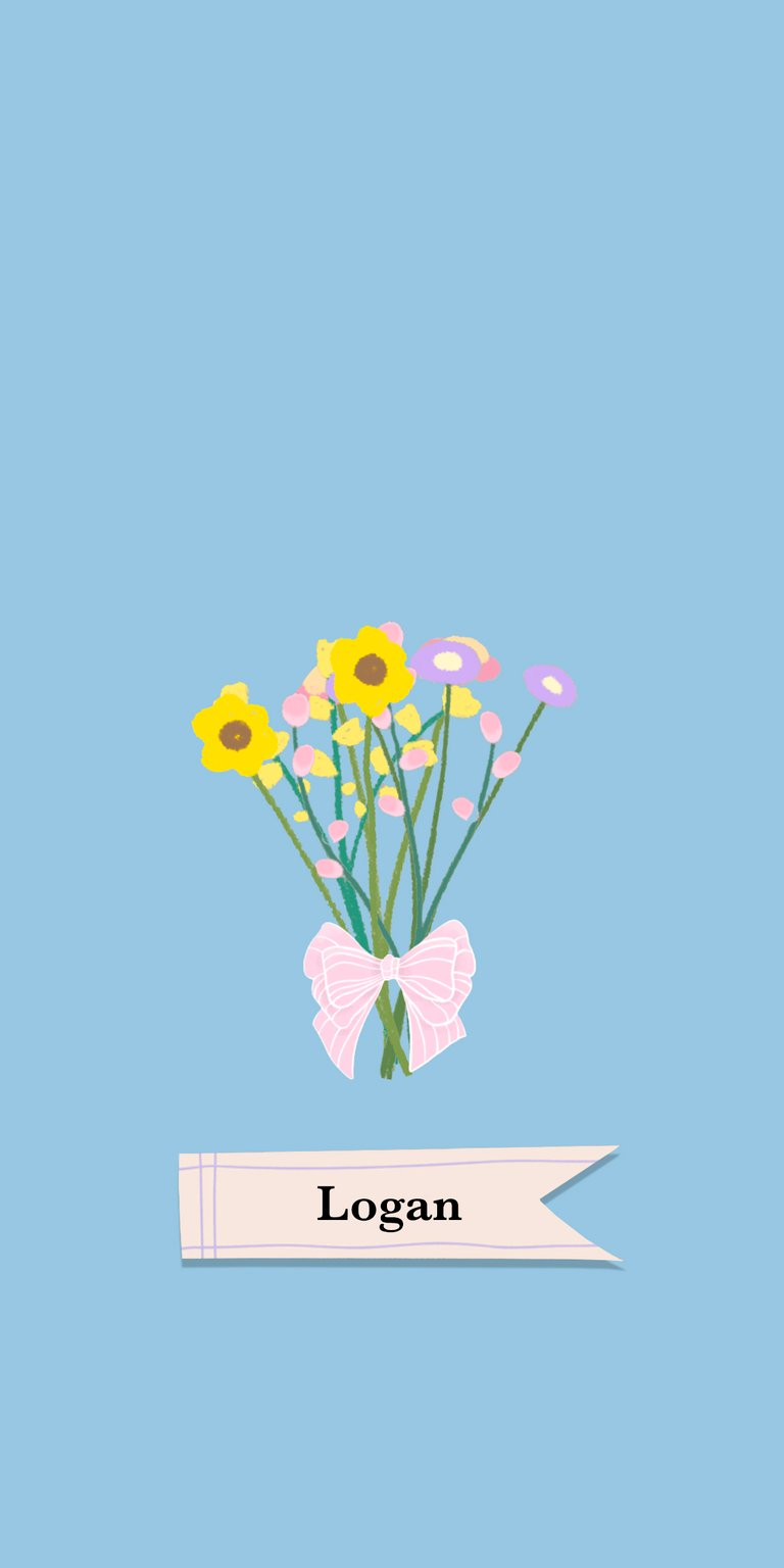 pink illustration flower yellow daisy bouquet label ribbon bow name logan