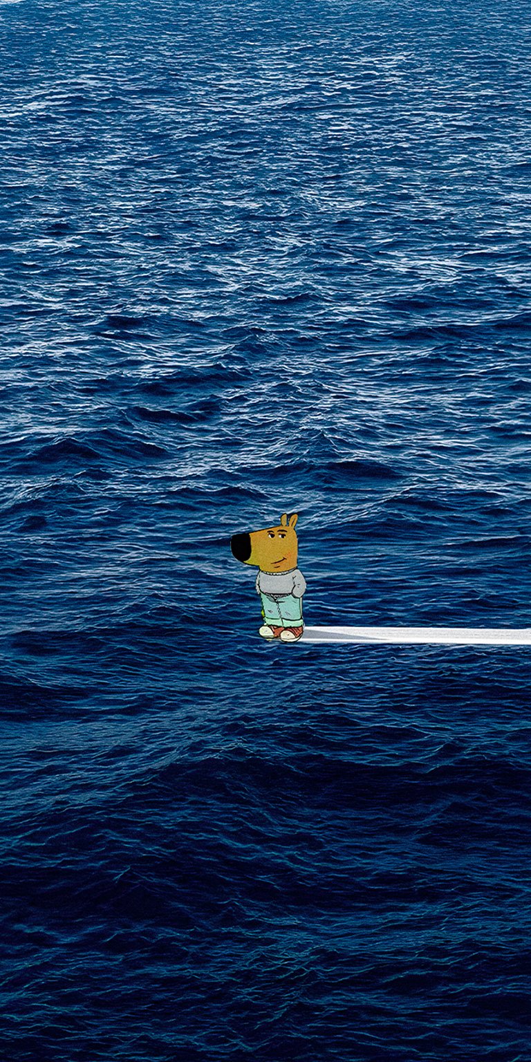 Chill Guy standing on the jumping board by the ocean wallpaper