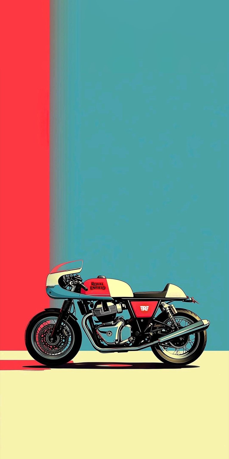 Download this Royal Enfield wallpaper in stunning 4K for your iPhone, showcasing a red and white motorbike against a vibrant teal and red background. This wallpaper highlights the chrome exhaust and retro racer design.