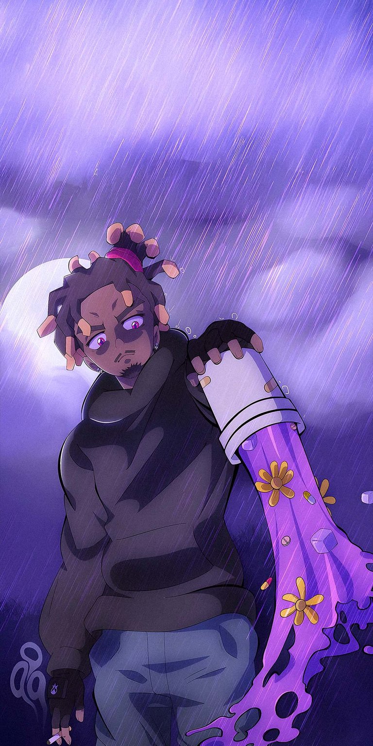 Juice wrld purple cartoon in the rain holding a pot of plant wallpaper