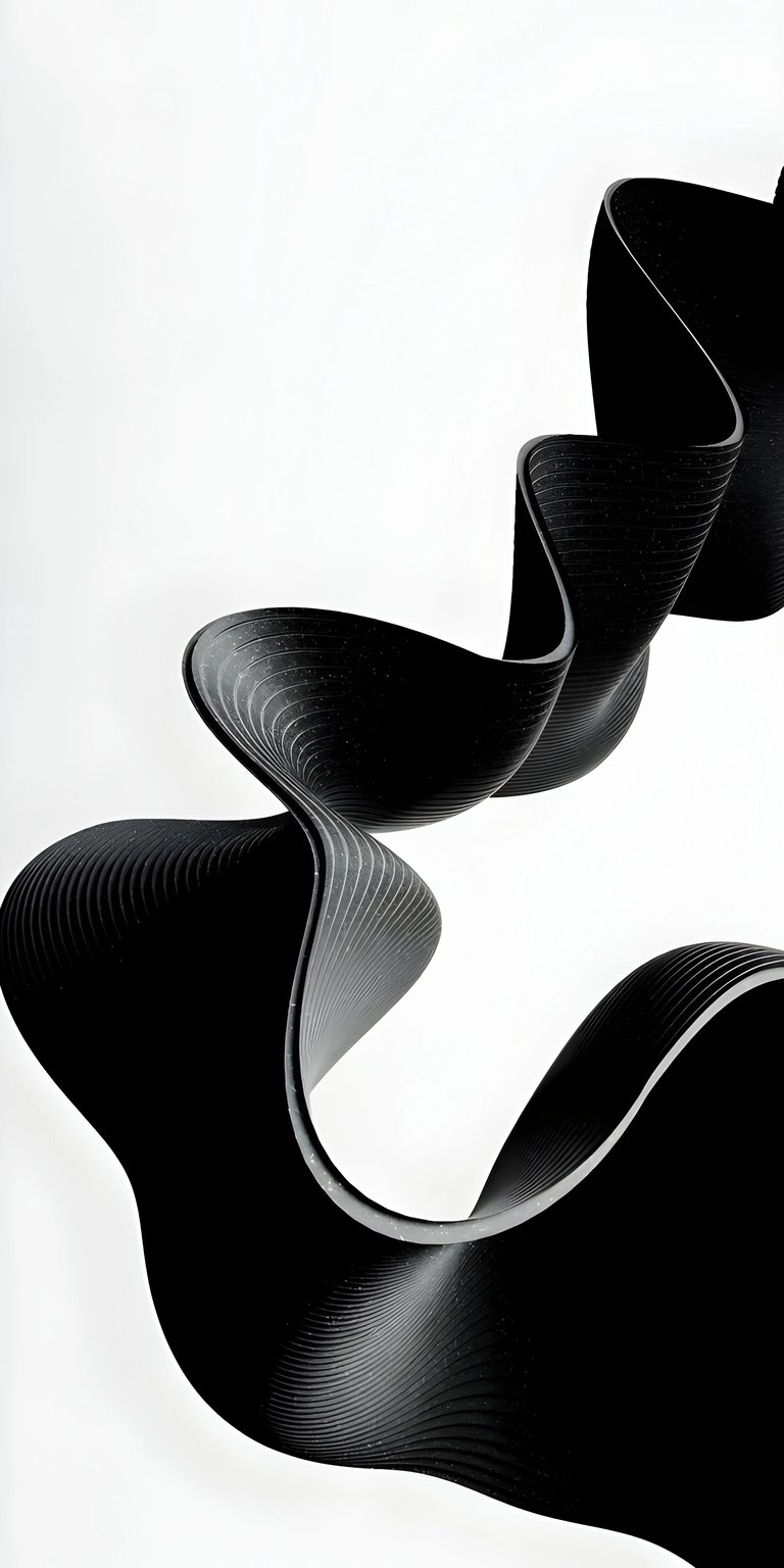 Enhance your iPhone with this striking abstract 4K wallpaper featuring a black ribbon. The ribbon exhibits parallel lines and a reflective edge as it twists and curves gracefully.