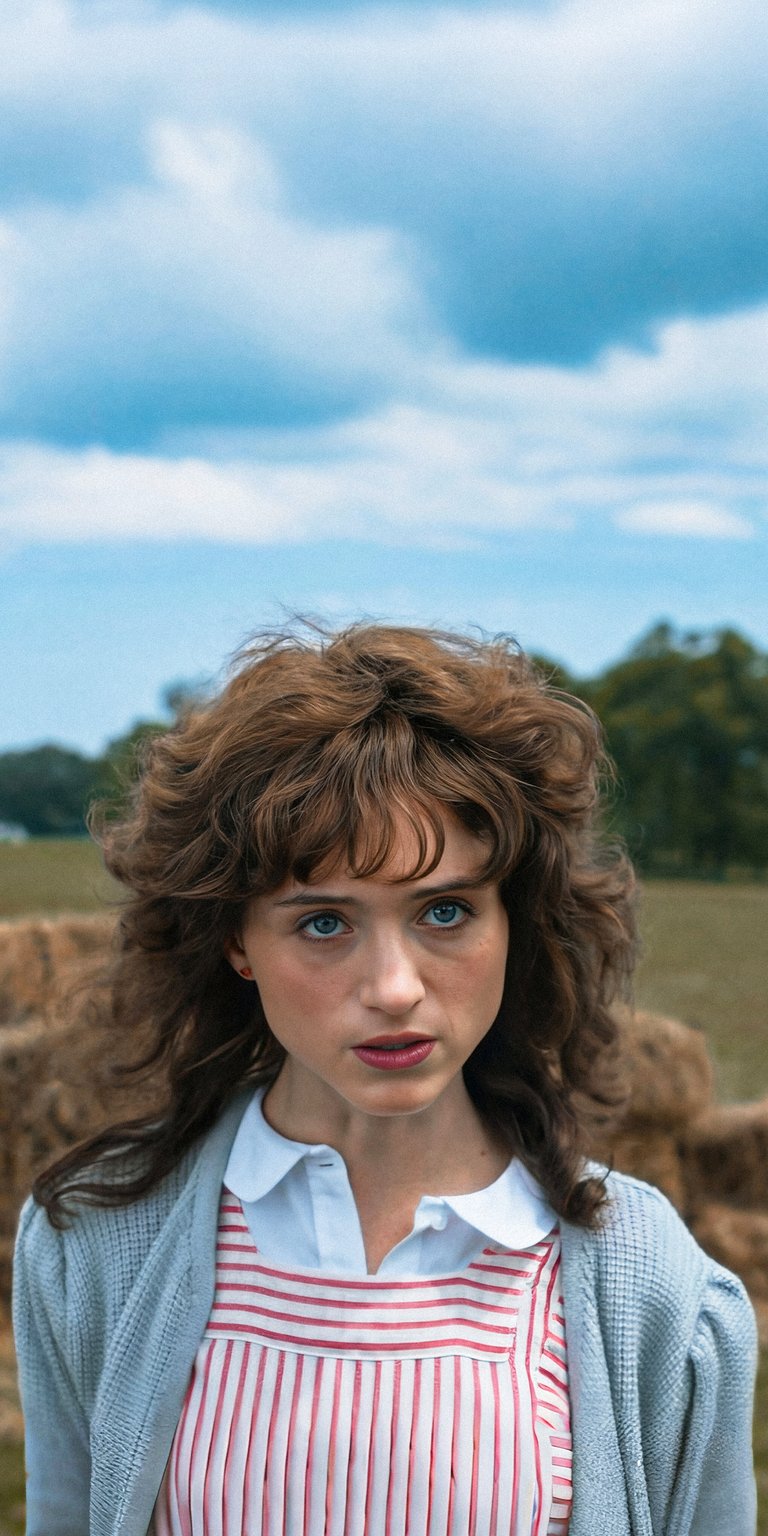 Download this striking Natalia Dyer 4K wallpaper for your iPhone, showcasing her piercing blue eyes, voluminous curly hair, and a backdrop of sky and hay bales. This wallpaper brings a touch of cinematic beauty to your mobile device.