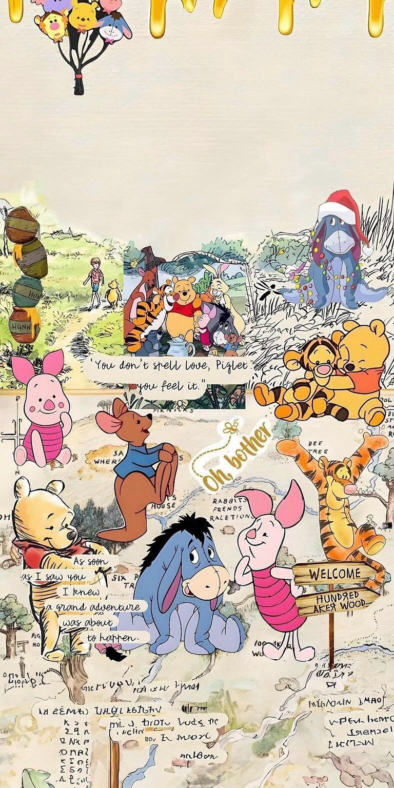 Download this Winnie the Pooh 4K wallpaper for your iPhone! This adorable wallpaper features Eeyore in a Santa hat, Piglet with a welcome sign, and Pooh bear with a stack of honey.
