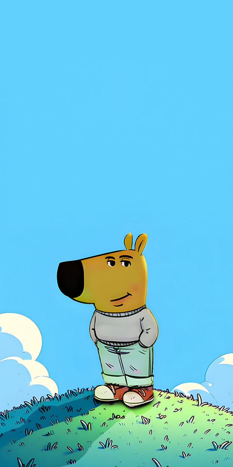 Chill Guy standing on the top of the high ground with blue sky wallpaper