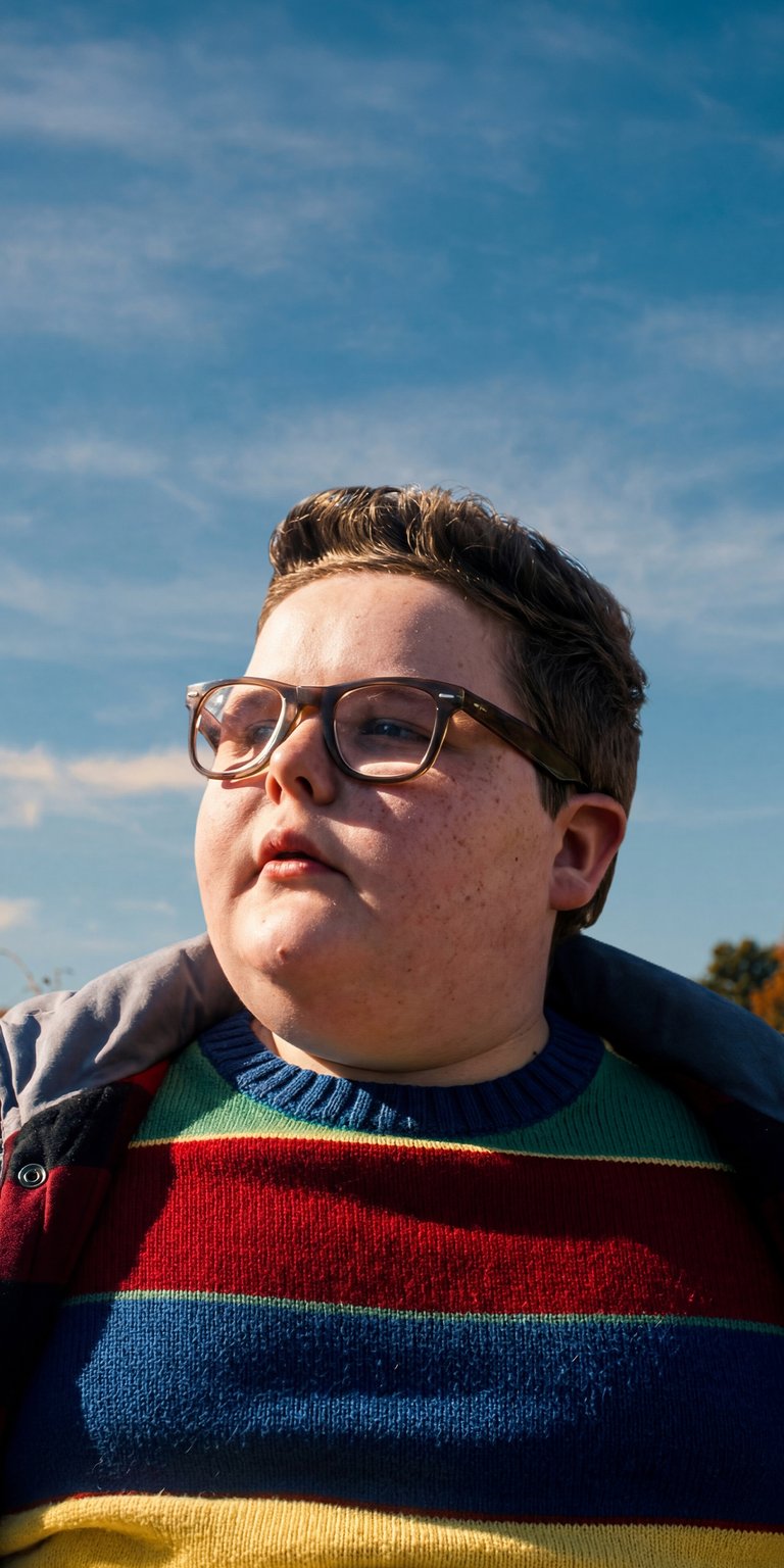 A vibrant, high-quality shot of Derek Turnbow, the breakout star of Stranger Things 5. Captured against a crisp blue sky, this wallpaper features Derek in his signature 80s striped polo and wire-rim glasses. Perfect for fans of the "Delightful Derek" arc and his journey from a loud-mouthed bully to an unlikely ally in the fight against Vecna.