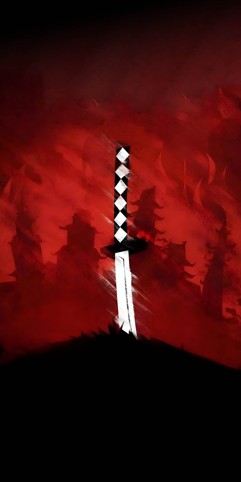 This striking red samurai katana 4K wallpaper features a silhouette of a Japanese blade against a blood-red mist. Perfect for a bold mobile home screen, it offers cinematic textures and a deep depth-of-field effect.