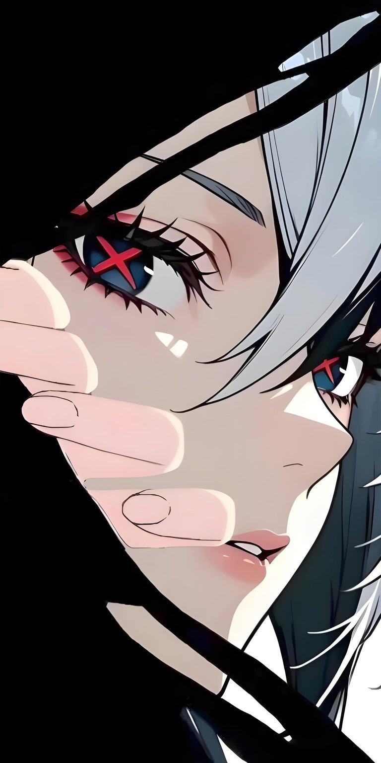 This 4K wallpaper features a striking close-up of Arlecchino with her signature red X-shaped pupils and monochrome hair. Designed as an aesthetic wallpaper for iPhone, the high-contrast composition uses deep shadows and sharp lighting to create a mysterious and intense atmosphere.