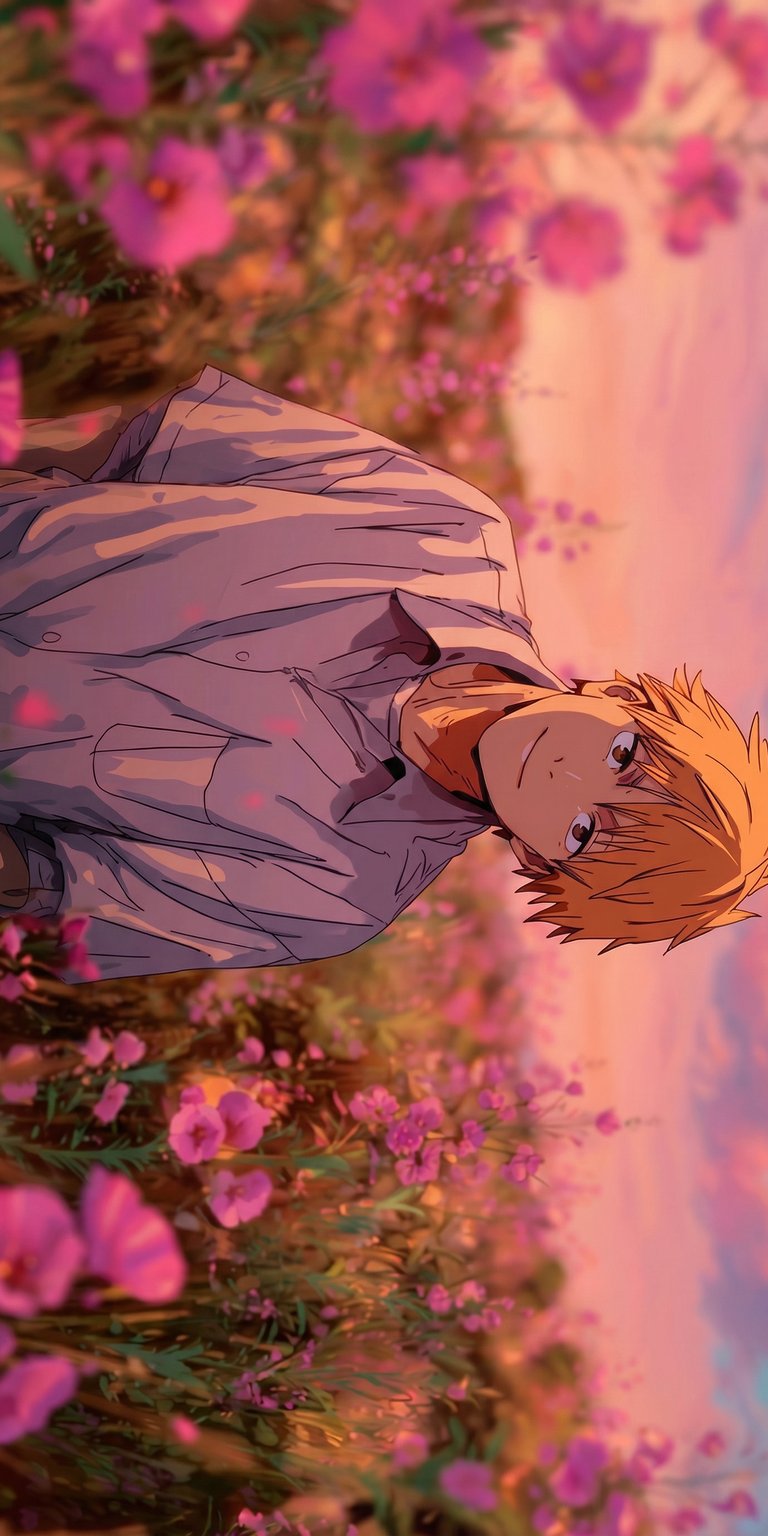 Download this stunning Denji 4K wallpaper for your iPhone today! This wallpaper features the Chainsaw Man character lying amongst a field of pink flowers during sunset, looking up with a slight smile.