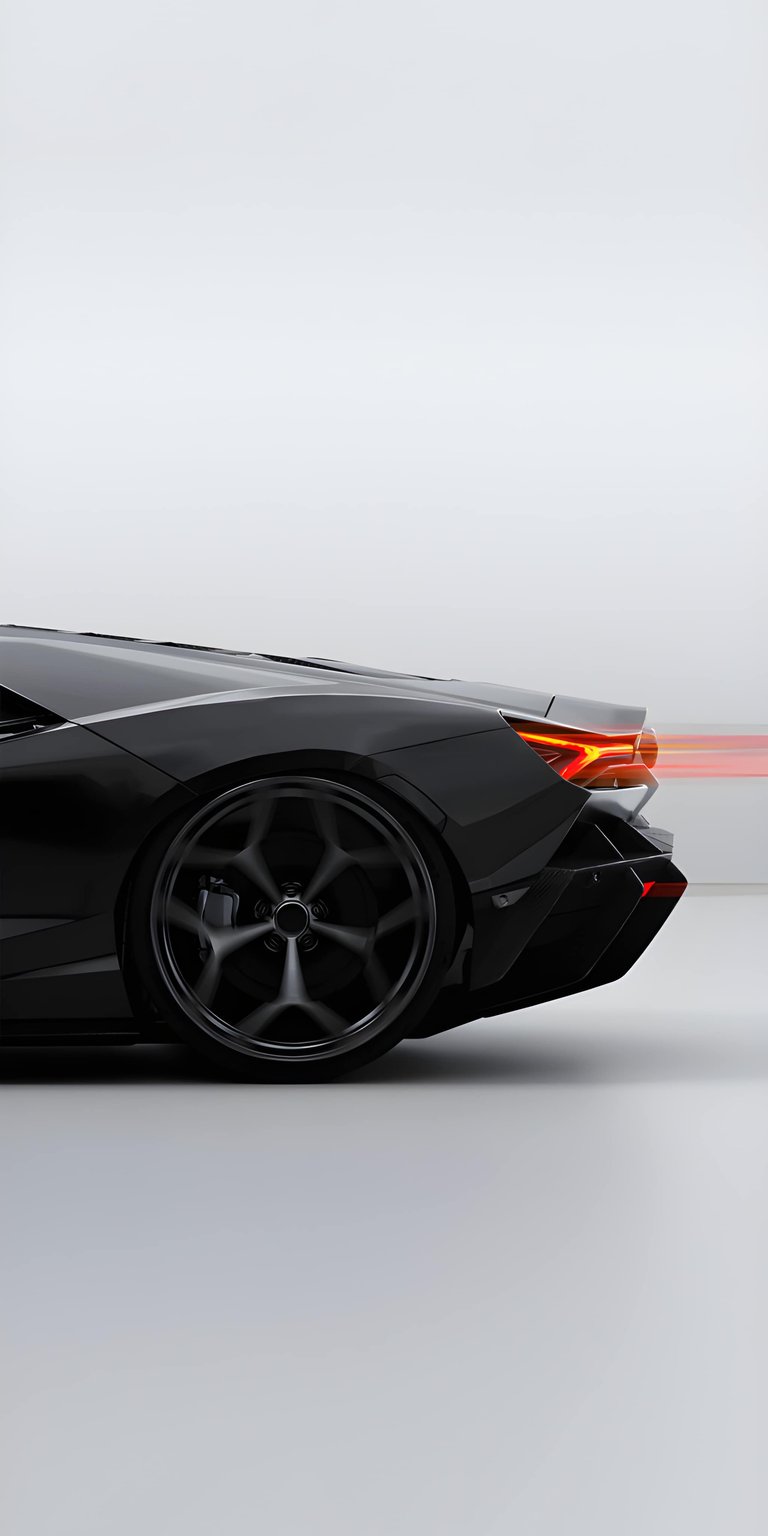 This 4K wallpaper features the sleek rear profile of a black Lamborghini Revuelto, perfect for high-contrast OLED / AMOLED wallpapers. Designed for iPhone, the visual highlights the sharp Y-shaped LED taillights and intricate rim detail against a clean, minimalist white background.