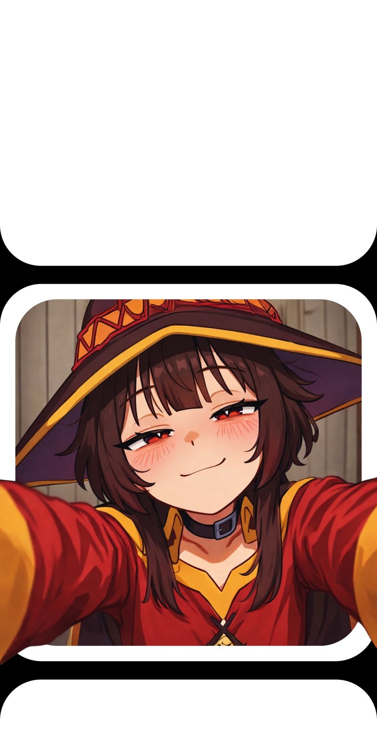 This high-quality Megumin 4K wallpaper features the iconic crimson archmage with a mischievous smirk, perfect for any iPhone Lock Screen. The aesthetic wallpaper utilizes warm red and brown tones with soft lighting to create a playful, close-up character portrait.