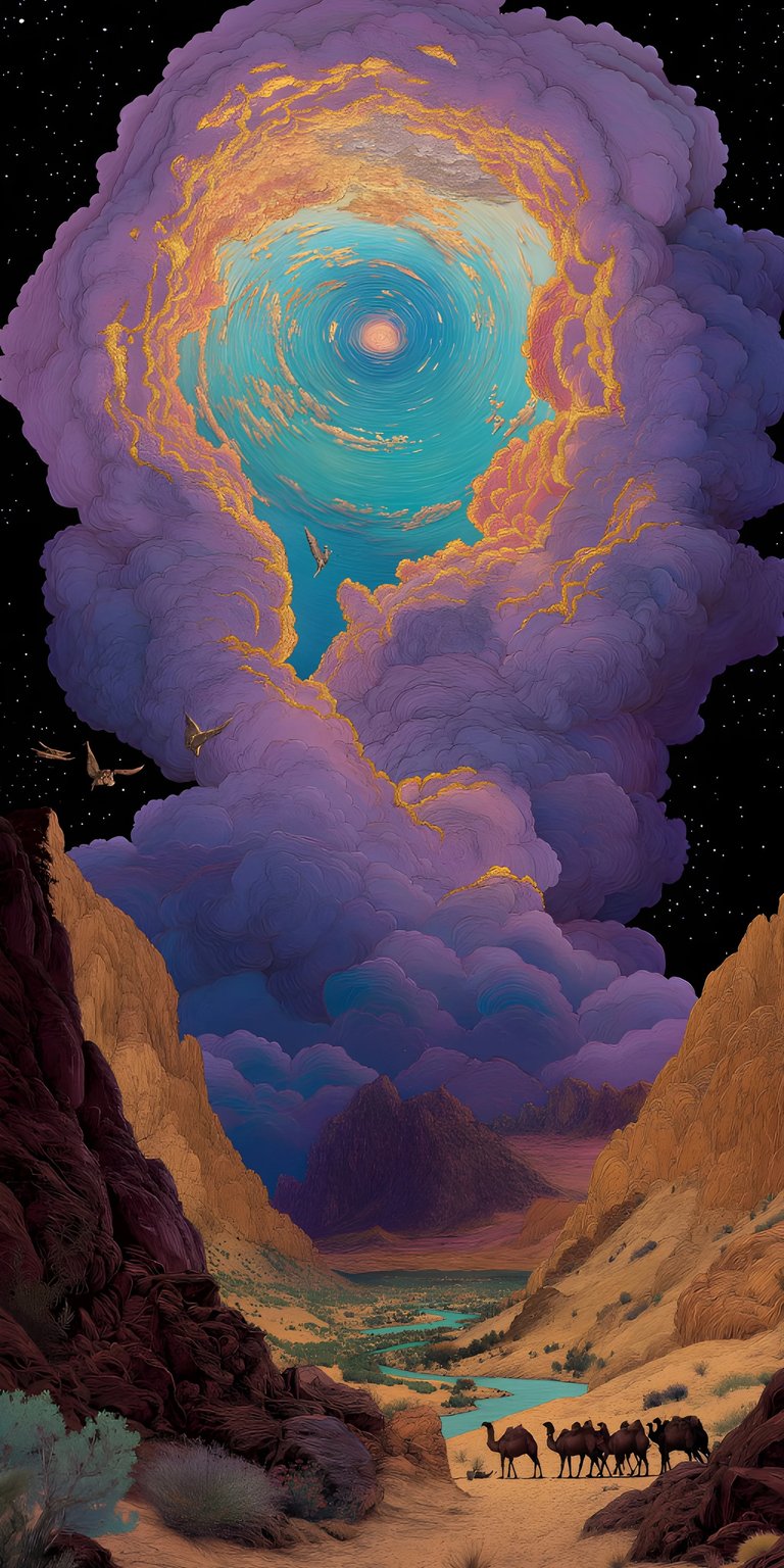 Transform your iPhone with this stunning desert scene wallpaper in 4K, featuring a dramatic sky filled with swirling purple clouds. A caravan of camels crosses the arid landscape beneath a pair of soaring birds.