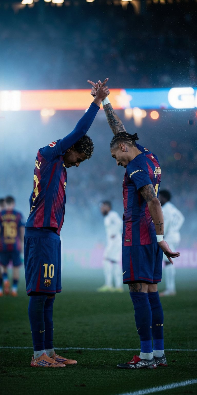 Celebrate football history with this 4K wallpaper featuring iconic Barcelona players in a high-five celebration. This vibrant iPhone wallpaper captures the stadium lights and the intensity of the world's most popular sport.