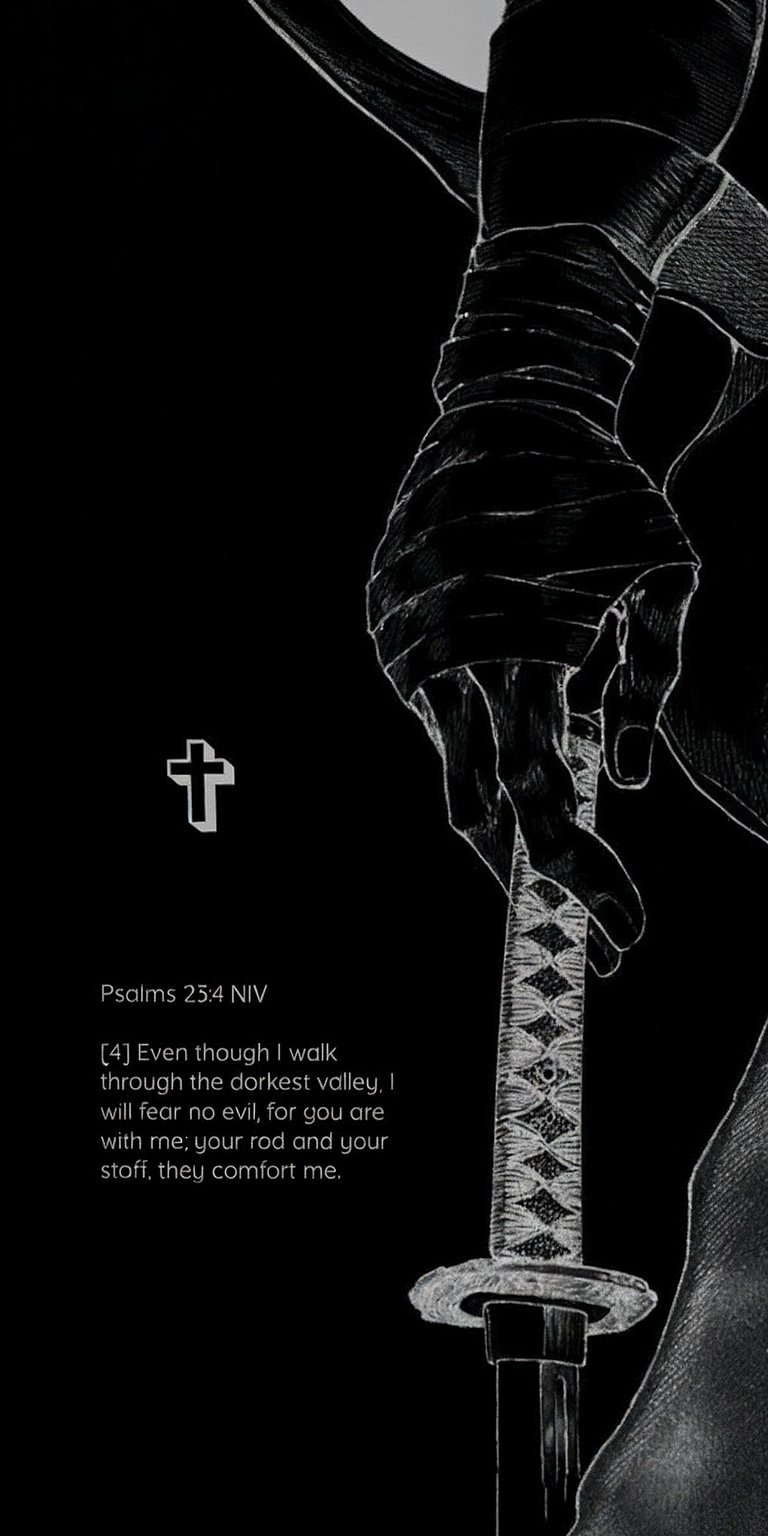 Download this dramatic warrior wallpaper in 4K for your iPhone, showing a hand gripping a katana with bandages around the wrist. The striking image features a cross and a quote from Psalms 23:4.
