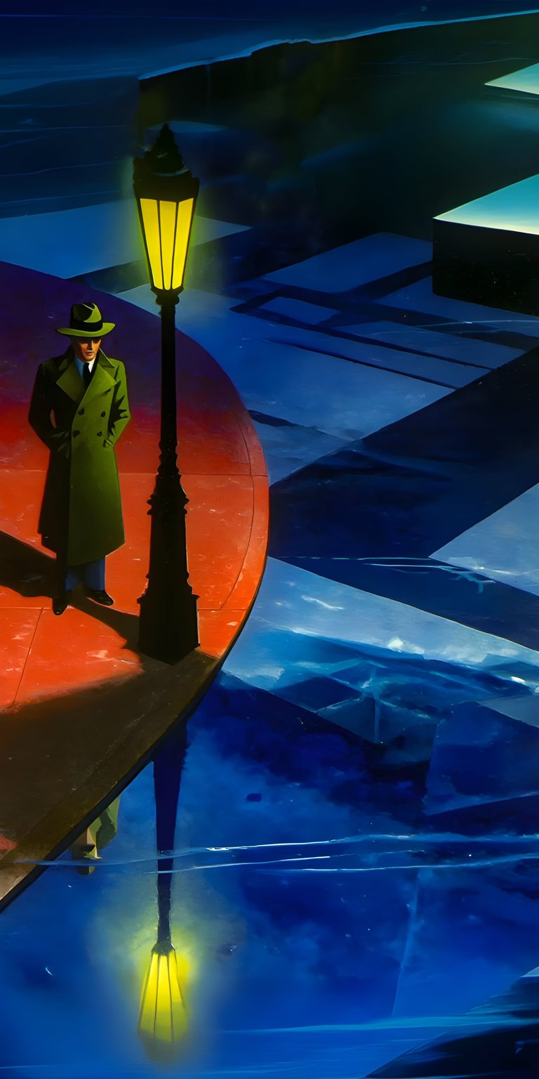 Download this captivating detective 4K wallpaper for your iPhone, featuring a man in a long green coat next to a radiant lamppost. The wallpaper's blue tones and abstract geometric backdrop create a visually stunning scene.