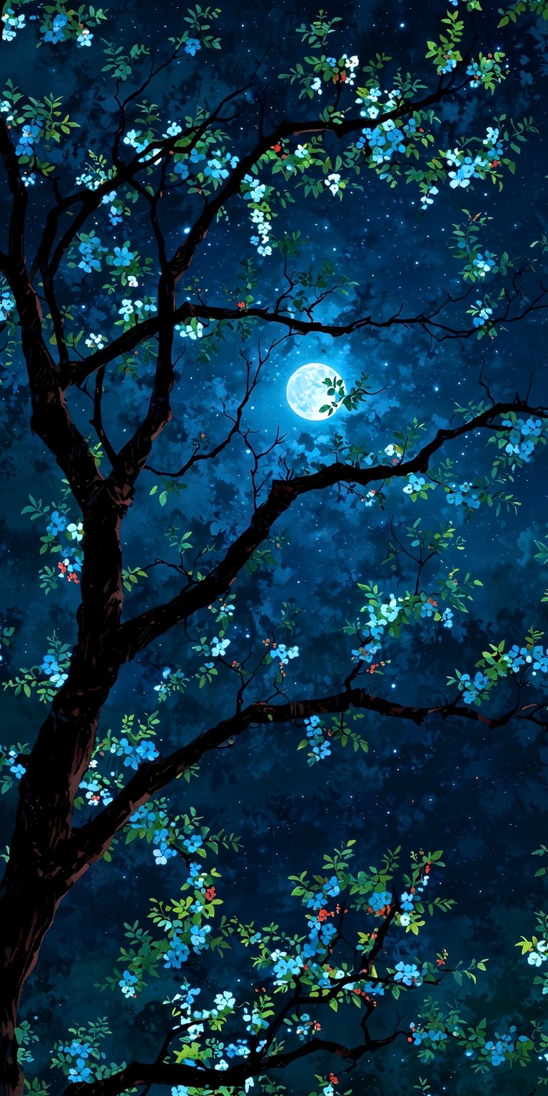 This 4K wallpaper features a detailed flowering tree illuminated by a bright full moon. Perfect for iPhone, this aesthetic wallpaper captures a serene night atmosphere with deep blue tones and glowing celestial light.