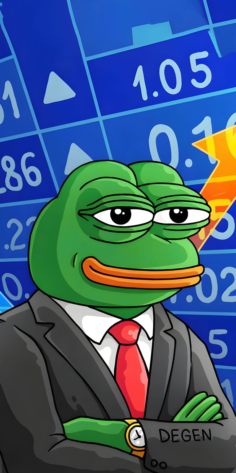 Download this hilarious Pepe the Frog degen 4K wallpaper for your iPhone, featuring a green frog in a business suit with a golden watch. The wallpaper includes a financial chart background with an upward-pointing arrow.