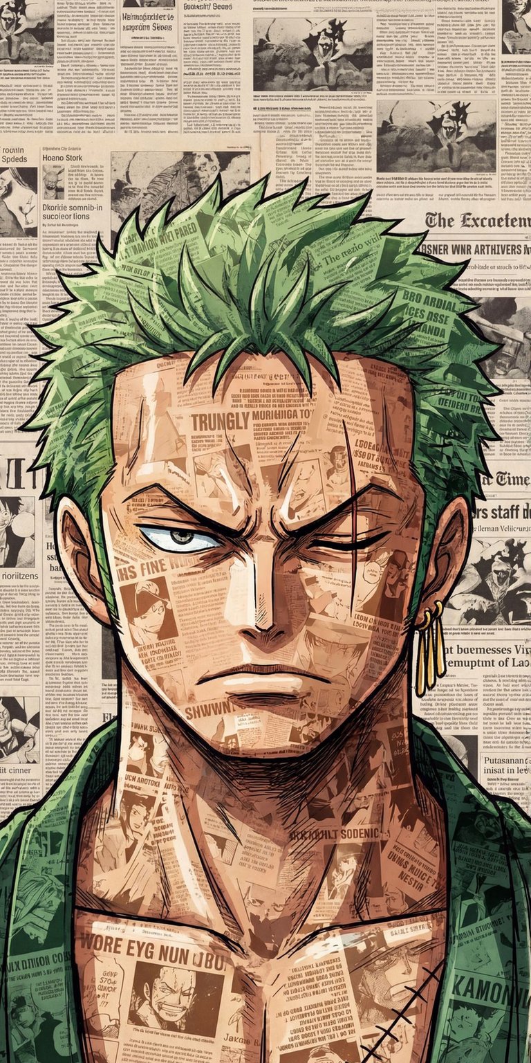 Download this Zoro 4K wallpaper for your iPhone to showcase a unique design. This wallpaper features Zoro's green hair, a golden earring, and newspaper print across his face and body.