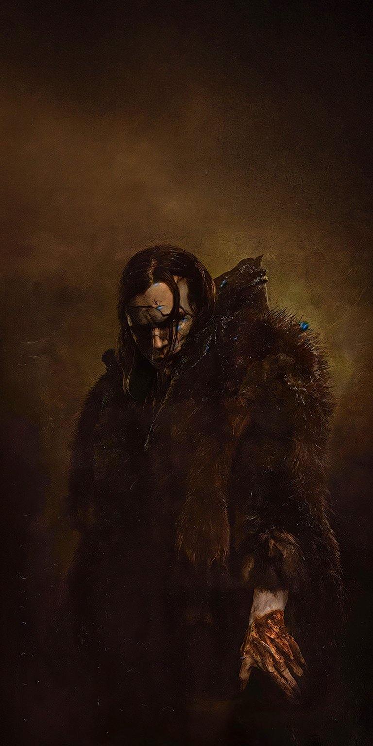 A dark, atmospheric wallpaper featuring actor Jacob Elordi as the Creature from the 2025 Guillermo del Toro film Frankenstein. He is depicted wearing a large, dark fur coat, with long, unkempt hair and a bloody hand, reflecting the character's journey of loneliness and survival after escaping his creator. This image captures the film's gritty, gothic horror aesthetic. Perfect for fans of classic literature, dark themes, and dramatic home screens.