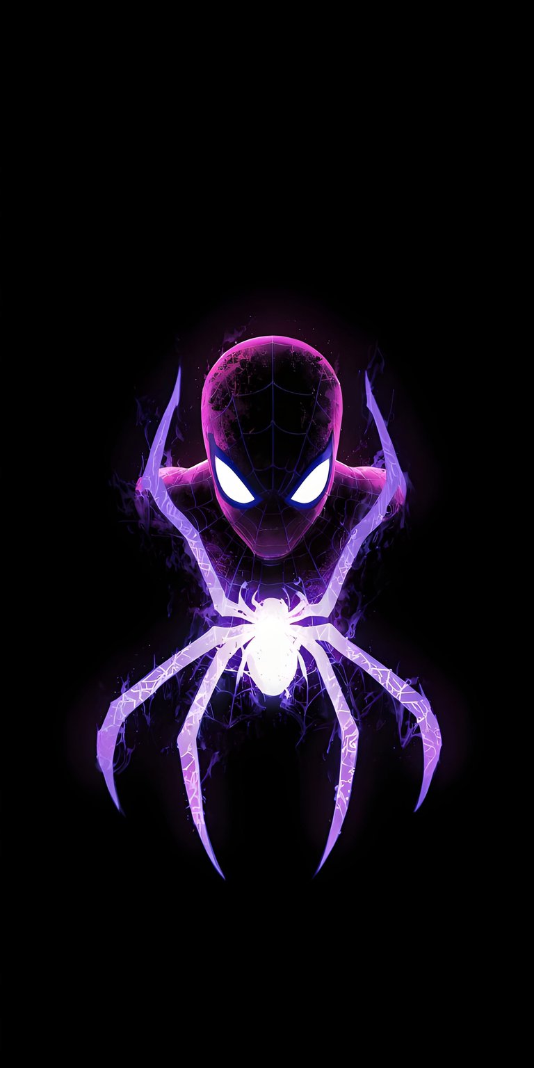 This 3D wallpaper showcases a glowing purple Spider-Man emblem against a deep black background. It is a striking OLED wallpaper designed to pop on your iPhone lock screen.