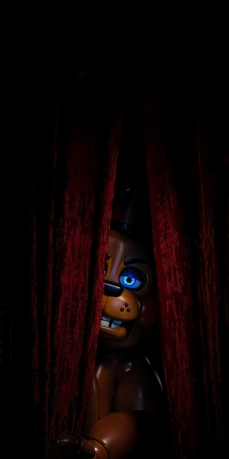 Download this chilling Freddy Fazbear 4K wallpaper for your iPhone, featuring a close-up of the animatronic bear partially hidden behind dark red velvet curtains. The wallpaper highlights his glowing blue eye and menacing, toothy grin.
