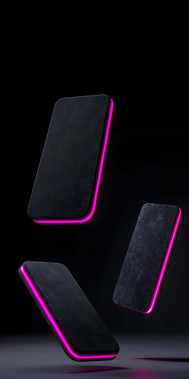 This 4K OLED wallpaper features floating 3D smartphones accented by vibrant pink neon edges against a pitch-black background. Designed for iPhone, this sleek wallpaper uses high-contrast lighting and a minimalist tech aesthetic to create a modern, futuristic mood.