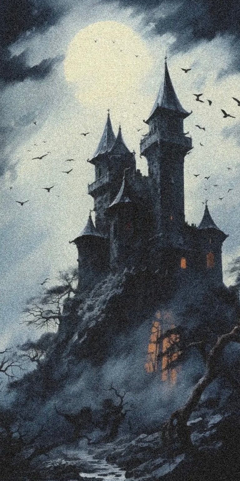 Painting scary castle with bats in the night wallpaper