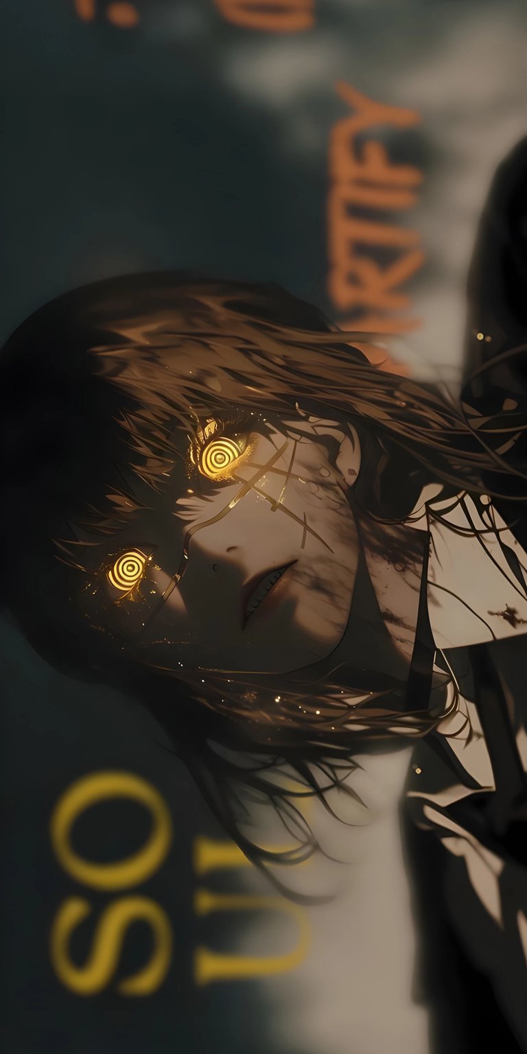 Elevate your iPhone with this stunning Yoru 4K wallpaper, showcasing spiral eyes and scars. This wallpaper captures intense detail, while the backdrop with blurred typography adds an artistic touch.