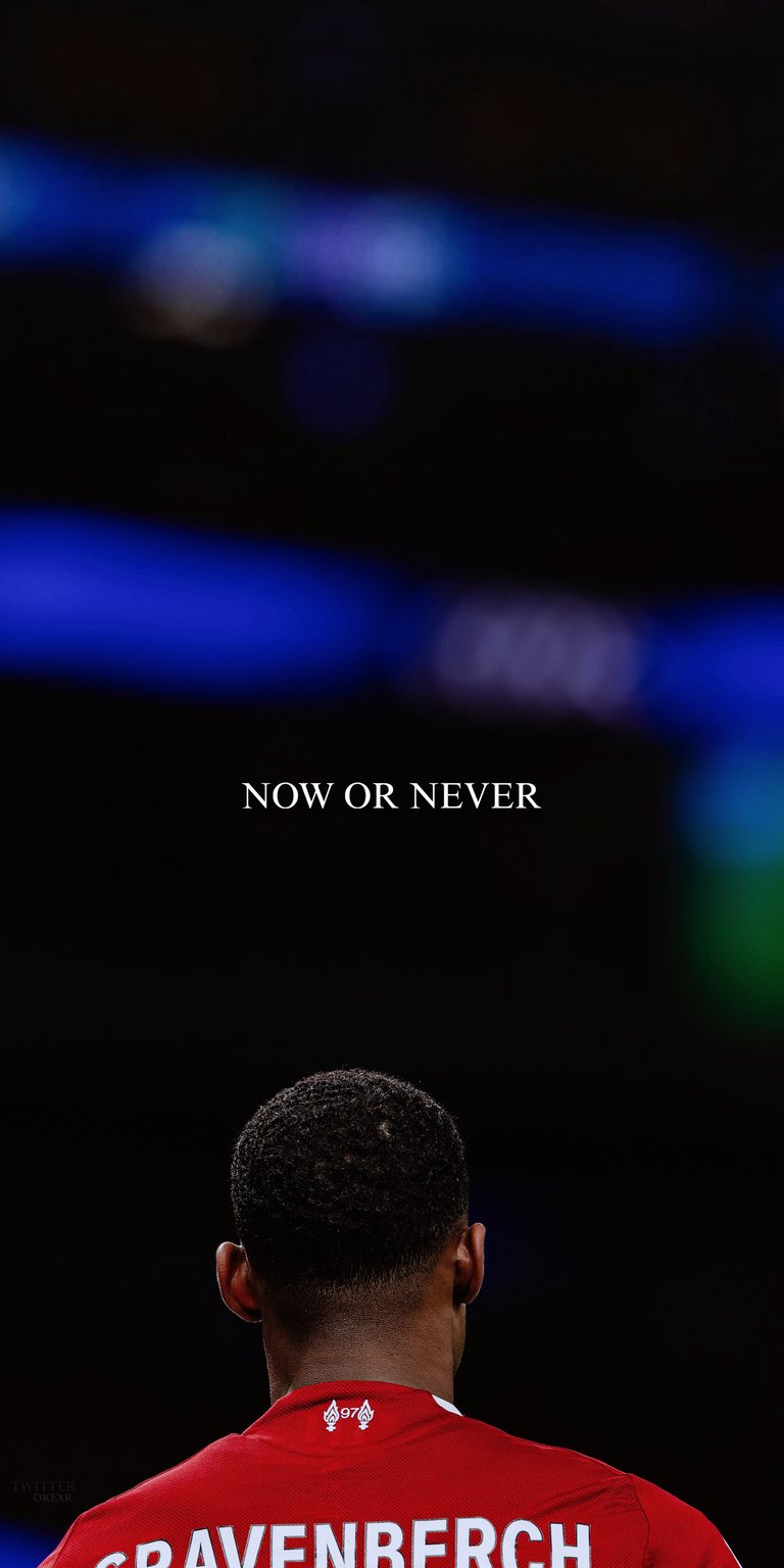 A unique perspective wallpaper featuring Ryan Gravenberch of Liverpool FC. This 4K edit focuses on the back of the player’s jersey, highlighting his name and presence on the pitch. The "NOW OR NEVER" text sits above him, creating a sense of focus and determination. Ideal for fans who prefer a cinematic, player-focused aesthetic.