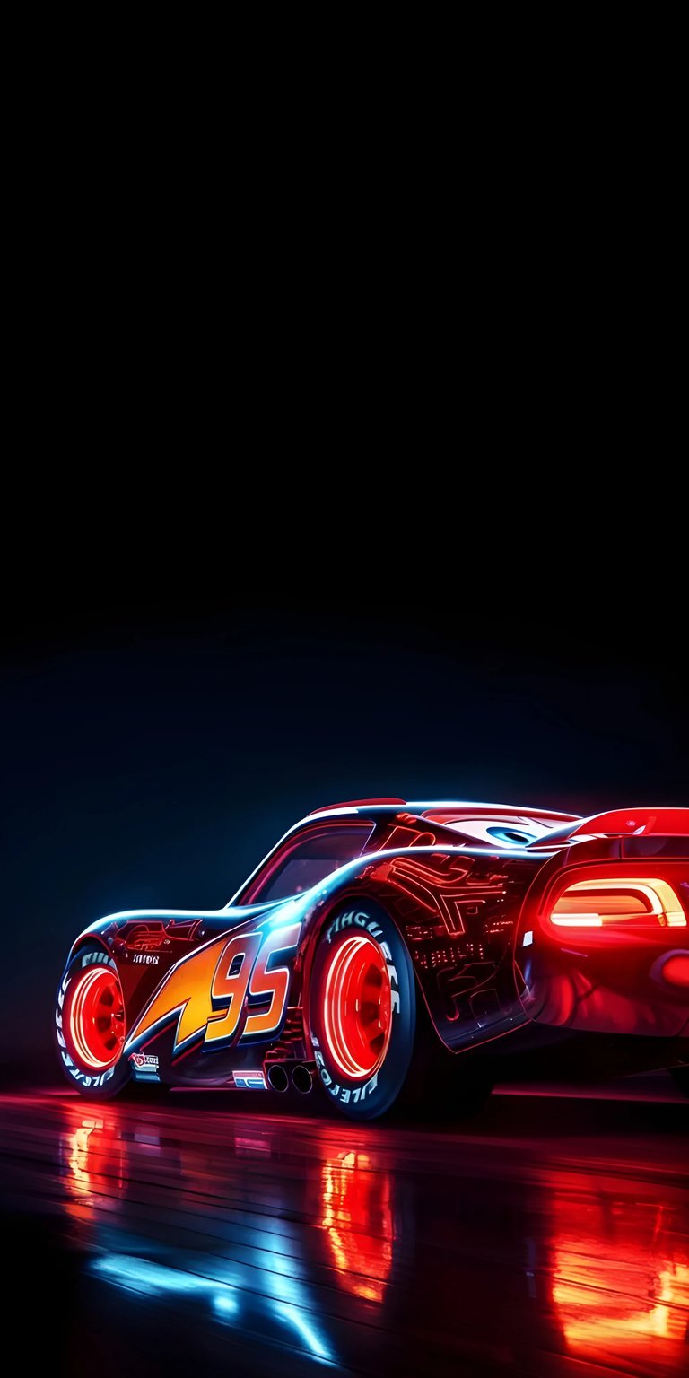 Get this Lightning McQueen 4K wallpaper for your iPhone, showcasing a neon-outlined race car. This wallpaper highlights the number 95 and glowing tires reflected in the illuminated floor.