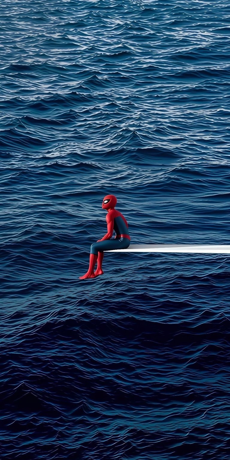 Download this incredible Spiderman 4K wallpaper for your iPhone today! The vibrant blue sea contrasts with the hero sitting on the diving board.