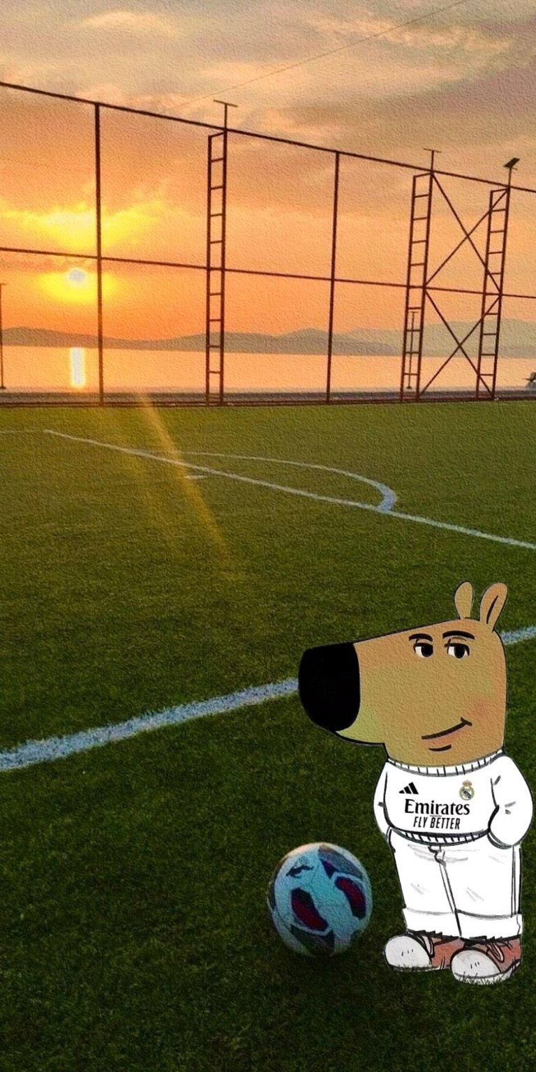 Chill guy Real Madrid playing foodball in a sunset wallpapers