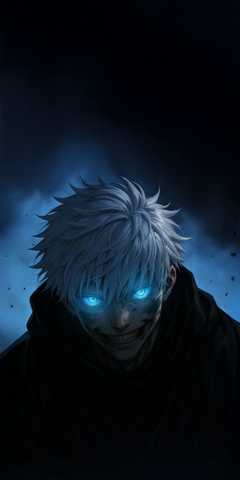 Download this stunning Gojo Satoru 4K wallpaper for your iPhone, featuring his glowing blue eyes and spiky white hair. This wallpaper captures the intensity of Gojo's character with his sinister grin and dark hoodie.