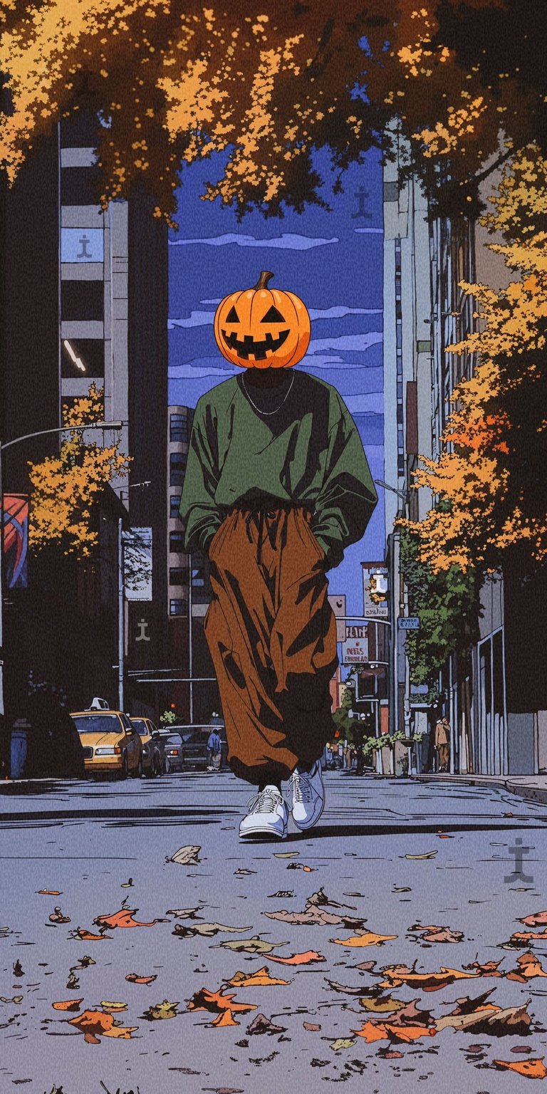Pumpkin ghost walking in the city with a casual clothes wallpaper