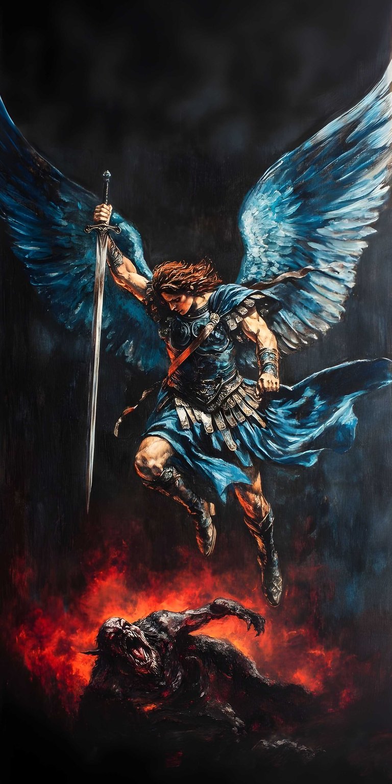Saint Michael 4K wallpaper featuring the archangel descending with blue wings and a raised sword over fiery ground. This aesthetic wallpaper showcases dramatic lighting, intense flames, and detailed armor, making it perfect for iPhone lock screen and home screen.
