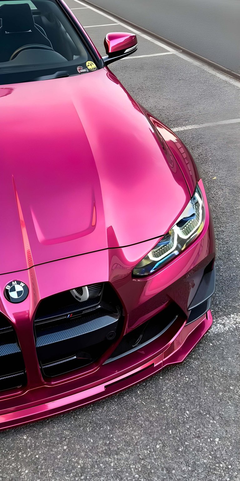 This high-performance BMW M4 4K wallpaper features a stunning metallic cherry pink finish that makes for a bold iPhone background. The aesthetic wallpapers style highlights the sharp carbon fiber accents and intricate LED headlight detailing under soft outdoor lighting.